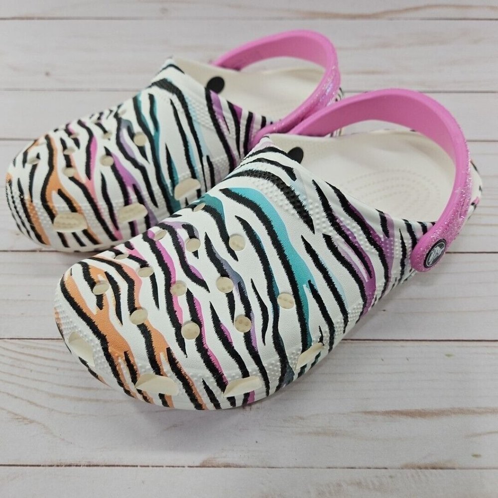 Crocs Kids Classic Size J5 Zebra Animal‎ Print Striped Glitter Clogs